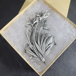 Vintage JJ Zebra Brooch PEWTER PIN SAVANA FOLIAGE FLOWERS Signed